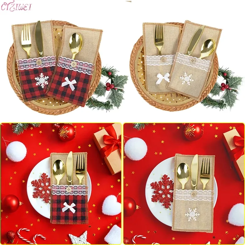 Weihnachten Gabel Messer Besteck Halter Tasche Plaid Leinen Tasche Weihnachten Dekor Geschirr Besteck Halter Set Weihnachten Tisch Dekor LX4389