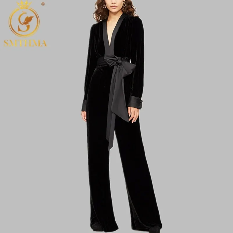 Party Jumpsuits for Women Sexy V Neck Long Sleeve Black Gold Velvet Jumpsuit Bandage Wide Leg Trousers Female Overalls 210520