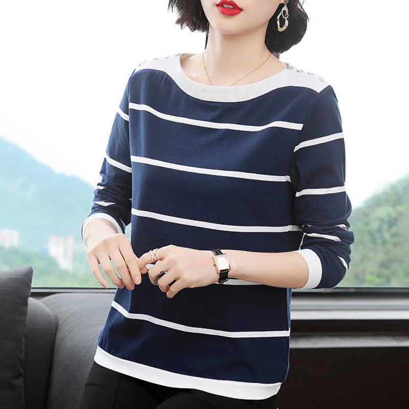 Blue And White Stripe Long Sleeve Shirt Women Button T- Autumn Cotton Tshirt Plus Size Womens Clothing Tee Femme 210615