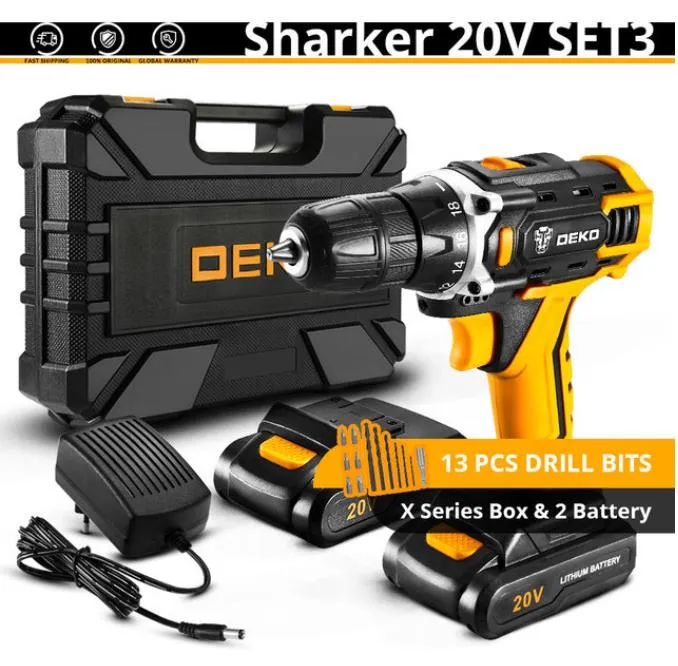 DEKO POWER TOOL УСТАНОВКИ SHARKER 20V Беспроводной буритор Драйвер Драйвера Мини Беспроводной DC Литий-Ионный аккумулятор 18 + 1 Настройки