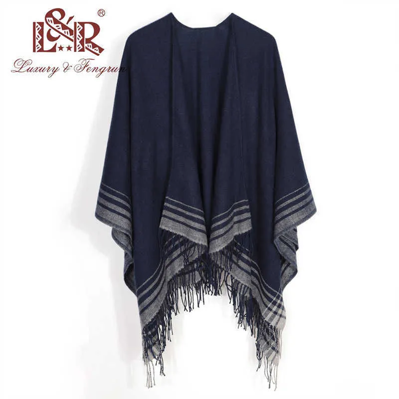 Cashmere Winter Warm Ponchos And Capes For Women Foulard Femme Shawls and Wraps Stripped Pashmina Female Bufanda Mujer Q0828