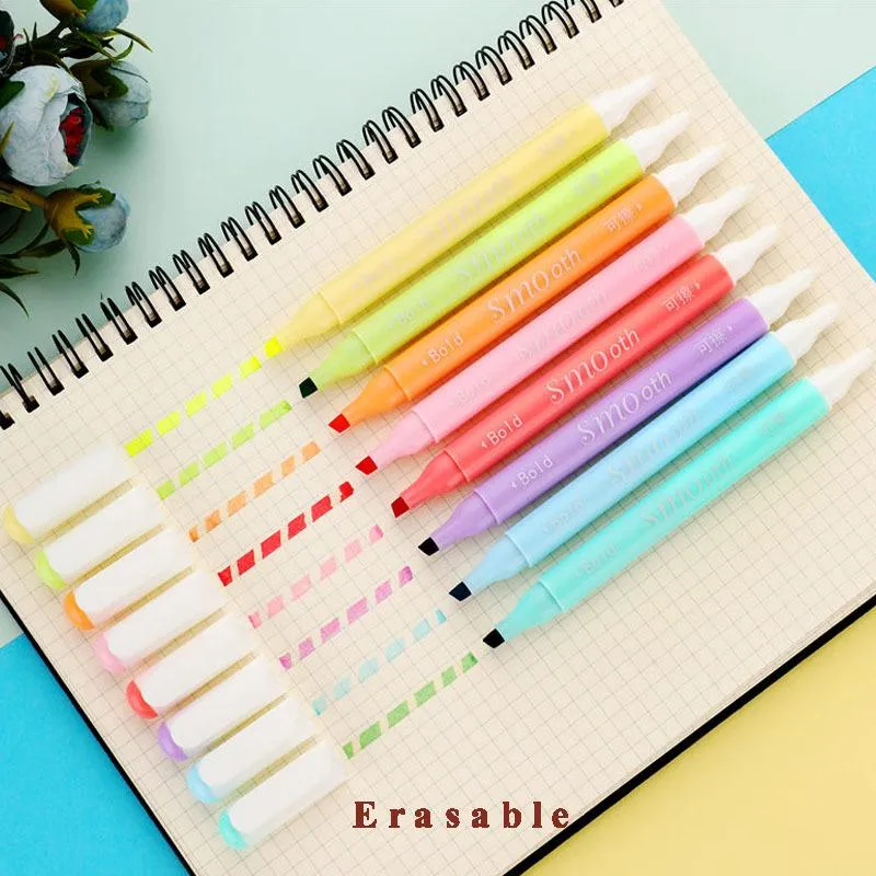 Highlighters 8pcs/lot Erasable Double Head Art Markers Highlighter Pen Fluorecent School Supplies Office 04446