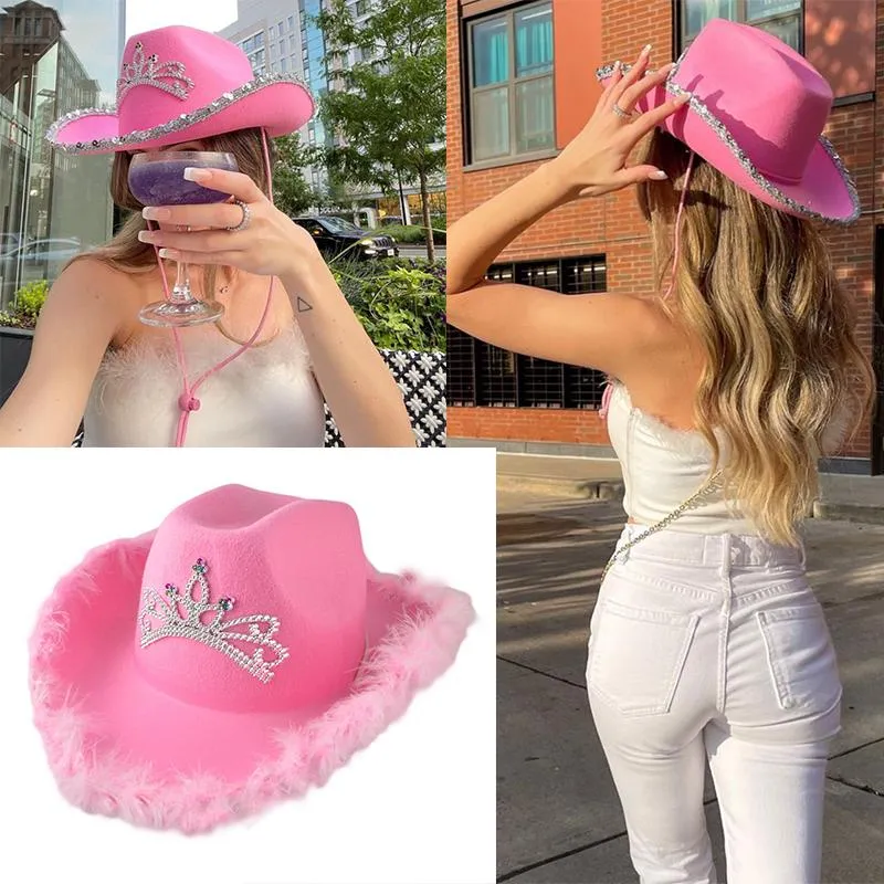 Geniş Ağız Şapkalar Pembe Kovboy Şapka LED Tiara Kadın Pullu Kürklü Dekorasyon Moda Parti Kap Çarpık Batı Tarzı Cowgirl Kostümleri