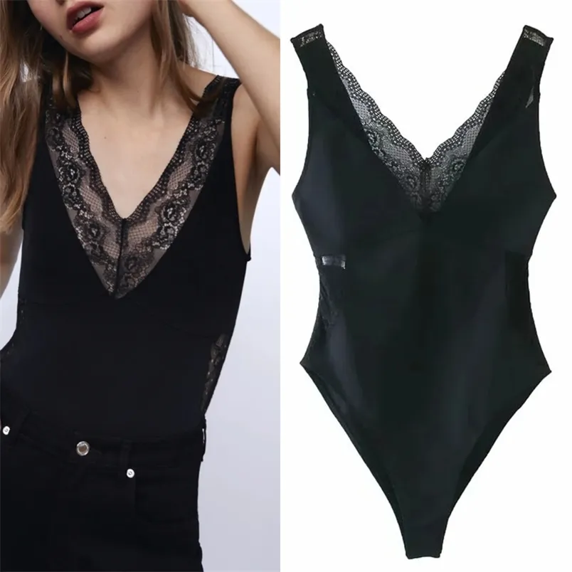 Black lace bodysuit mulheres moda sem encosto strappy v pescoço sexy senhoras snap button bottom cintura recorte s 210519