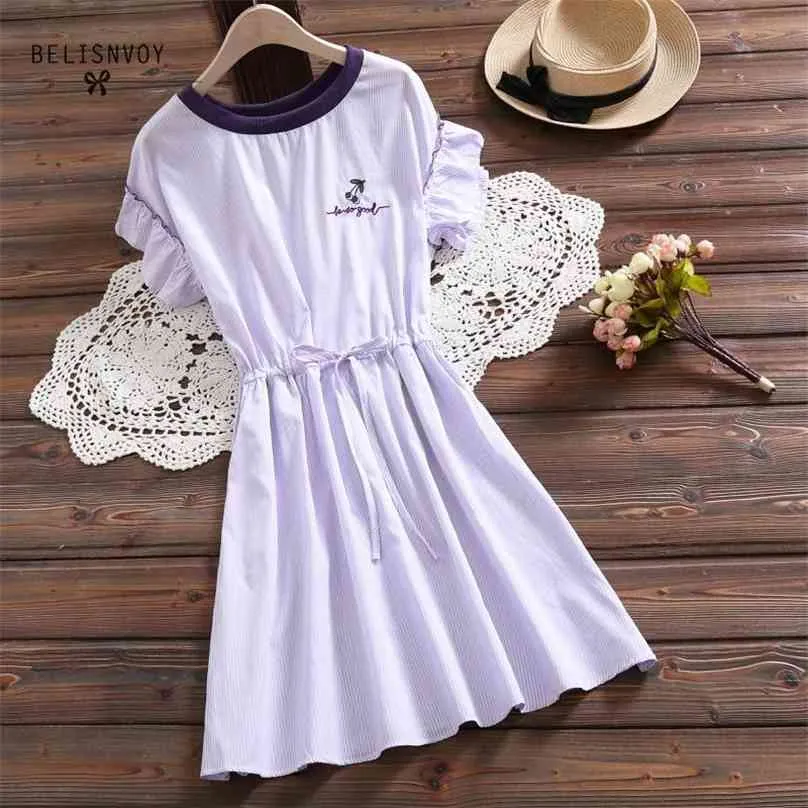 Estilo preppy verano mujeres elegante vestido de manga corta bordado dulce vestidos de fiesta azul púrpura rayado algodón lino 210520