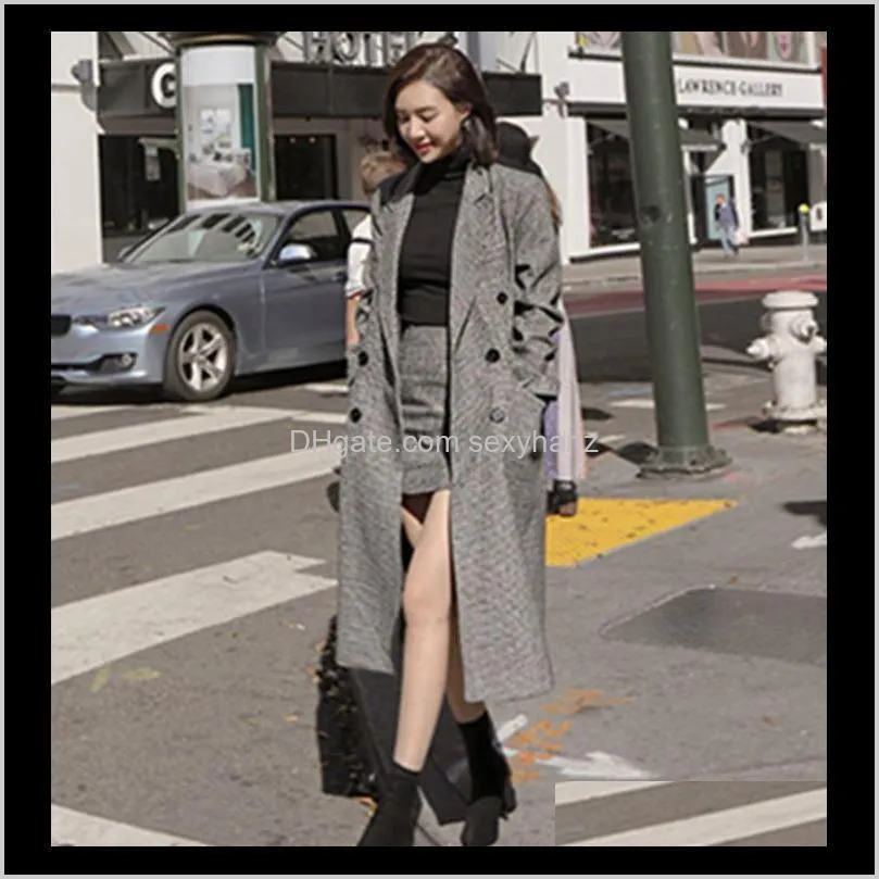 winter two piece suits runway women black plaid woollen tweed turn down collar long overcoat + mini bodycon pencil skirt set