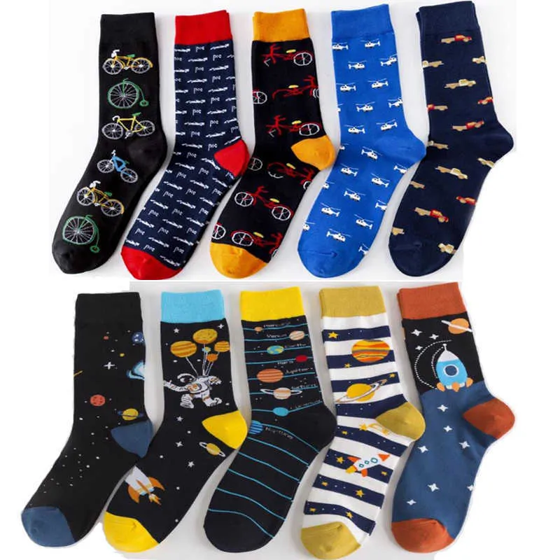 Novelty Happy Funny Space Socks Combed Cotton Colorful Men's Socks Bike Car Helicopter Christmas gift metric Formula Cotton Sock X0710