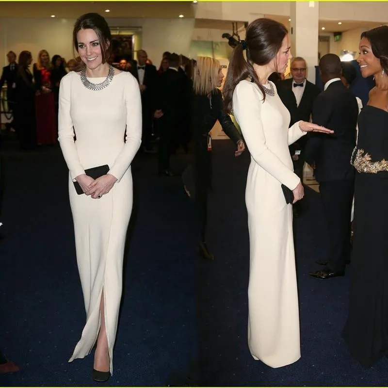 Elegante kate middleton original vestidos de noite formal vestidos de celebridade bainha branco cetim chão comprimento mangas compridas mangas dianteiras front de avaria ocasião especial vestido