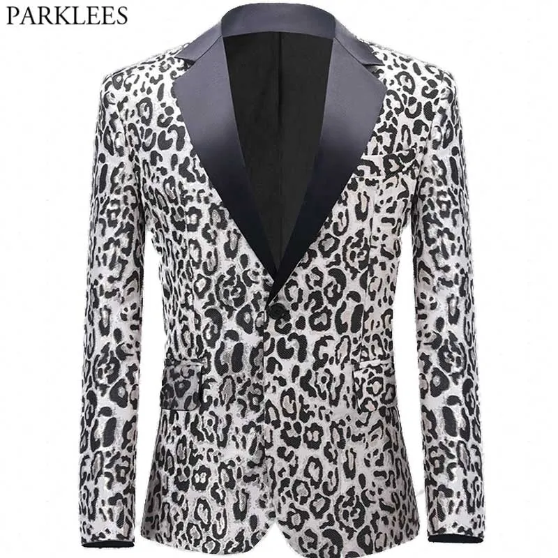 Роскошный леопардовый мужской костюм куртка отворота одна кнопка сексуальная Blazer мужчины Slim Fit Wedding Party Singer костюм стильный Blazer Homme 210522