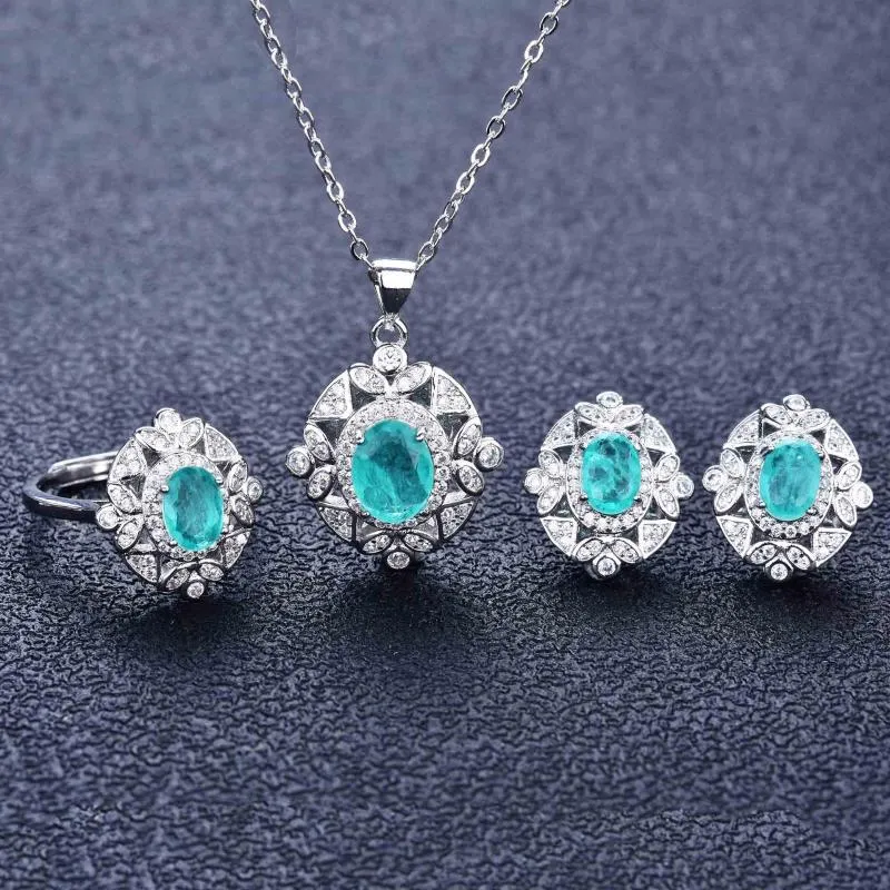 Ohrringe Halskette Naturstein Smaragd Paraiba Turmalin Türkis Ringe für Frauen Ohrstecker Sterling Silber 925 Schmucksets