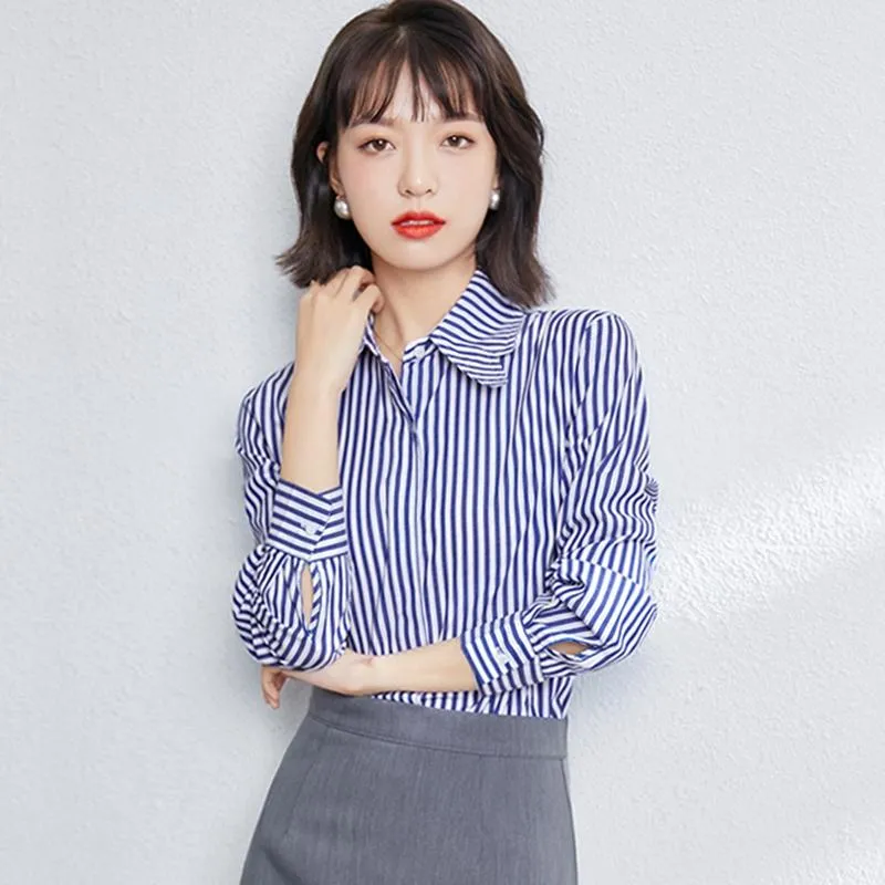 Women's Blouses & Shirts 2021 Spring Autumn Blue Striped Shirt Office Ladies Work Blouse Summer Long-sleeved Butterfly Collar Casual Female