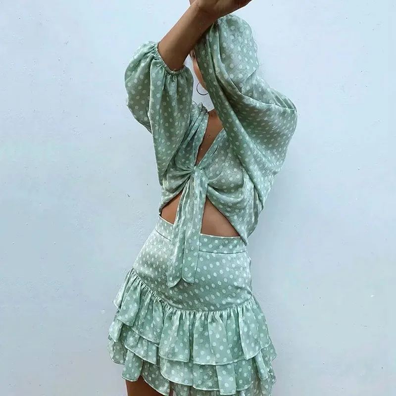 Vintage Polka Dot Passar Kvinnor 2 Stycken Set Lace Up Ruffle Summer Beach Holiday Green Short Mini Dress 210415