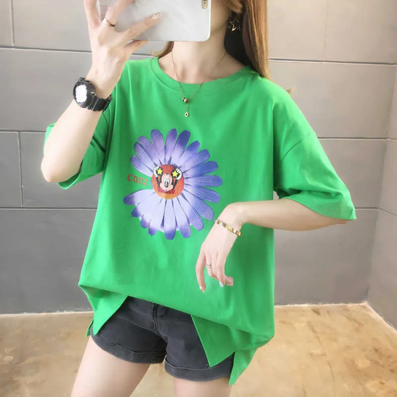 Tee Shirt Femme Loose Women Fashion Korean Clothes Floral Print shirt Summer ops Short Sleeve Female 210615
