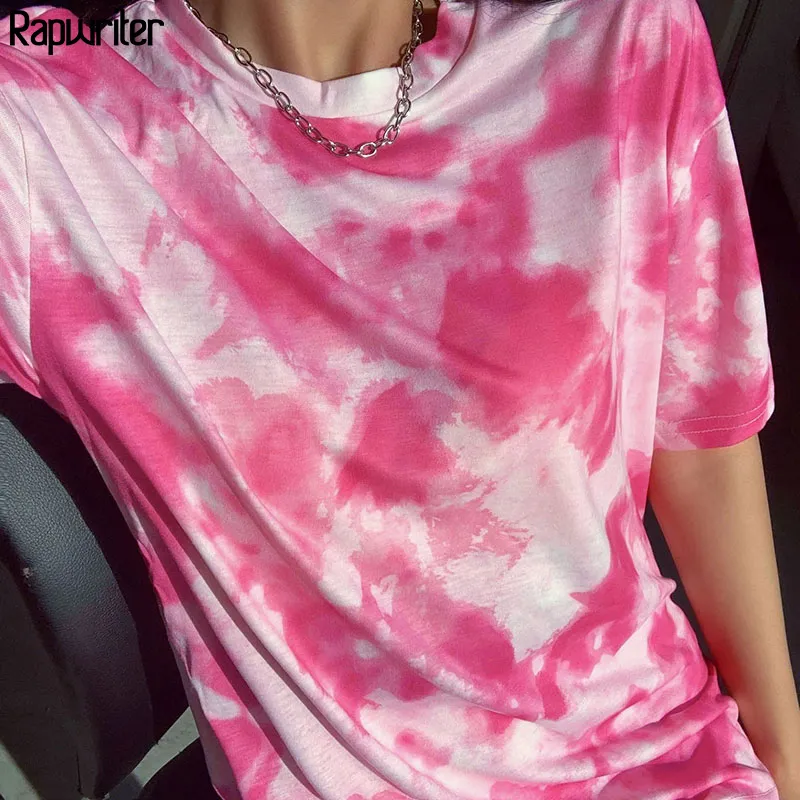 Rapwriter Casual Tie Dye Summer T Shirt And Shorts Two Piece Set Women Oversized Tee Shirt Slim Shorts Track Suit Outfits Femme 210415