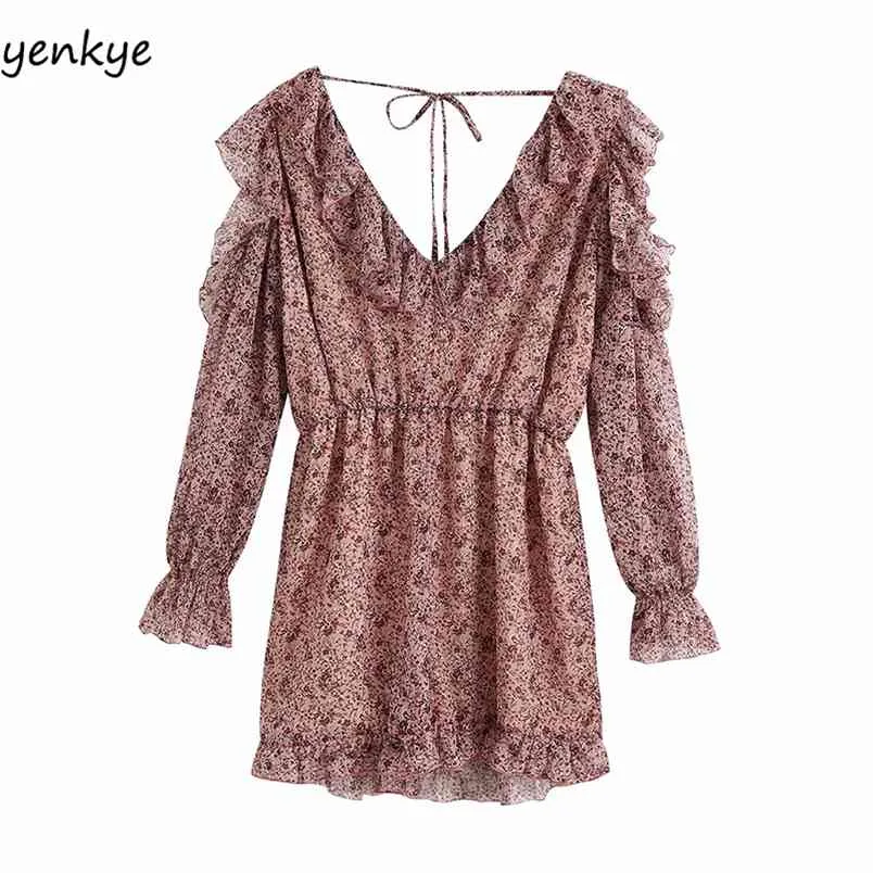 Sweet Women Floral Print Ruffle Jumpsuit Sexy Shoulder Off Long Sleeve V Neck Summer Chiffon Romper Short Overalls Mono Mujer 210514