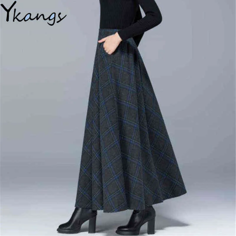 Gonne scozzesi di lana a vita alta taglie forti Inverno caldo Gonne maxi di lana da donna Office Ladies Fashion Casual lungo Streetwear 211120