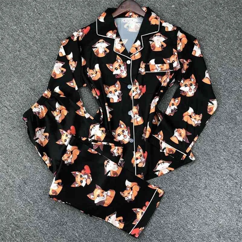 2 штуки сатин Pajamas набор женщин Fox Print Sleekwear с длинным рукавом домой костюм ночные женские женские пижамы сексуальные Pijamas Femme осень 210330