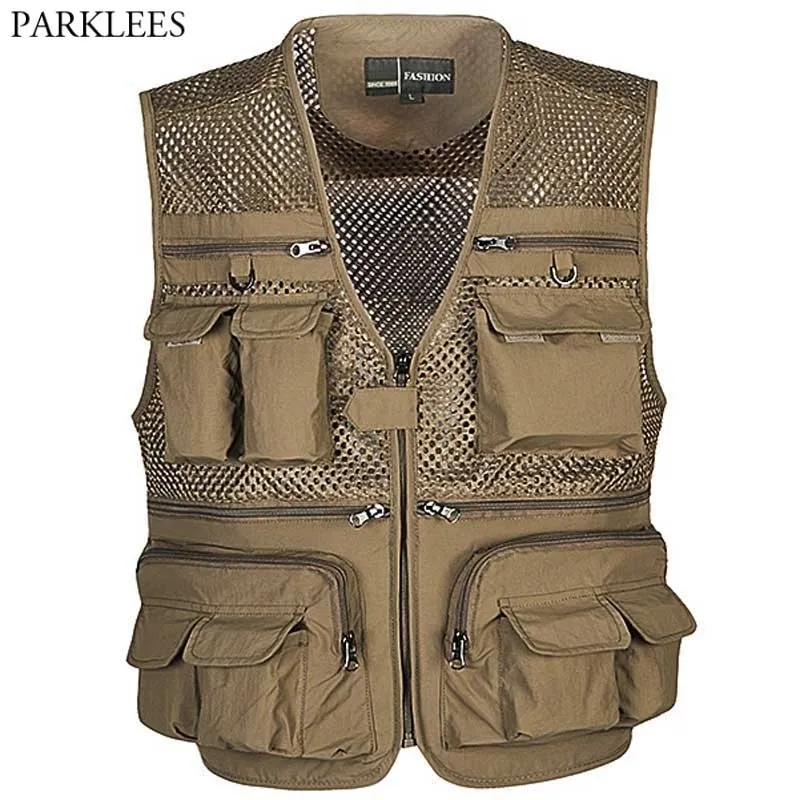 Heren buitenvissen Vest Mesh Quick-Dry Multi Pocket Cargo Vest Jacht Klimmen Reizende Pografie Mouwloze mantel 210522