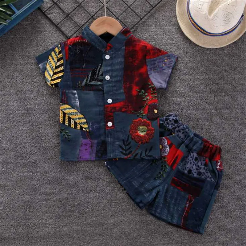 2021 Summer Children's Clothing Sets Printed Leaf Flower Cardigan Short-Sleeved Casual Shorts Two-Piece Boy Handsome Suit 0-5 olds