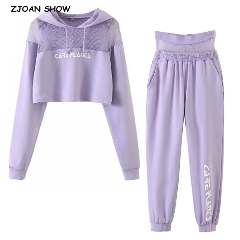 Spliced ​​Mesh Bomull Långärmad Hooded Sweatshirt Set Hög midja Sport Jogging Byxor Kvinnor Svettar Toppar 2 stycken 210429