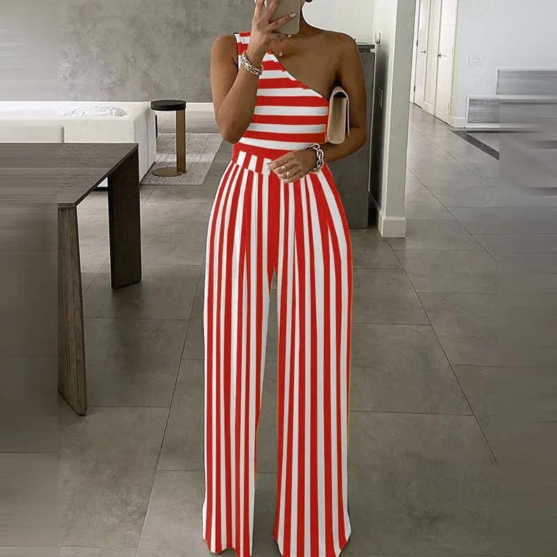 Women Fashion Elegant Long Sleeve Partywear Jumpsuits Formal Party Romper One Shoulder Striped Party Jumpsuit 210716