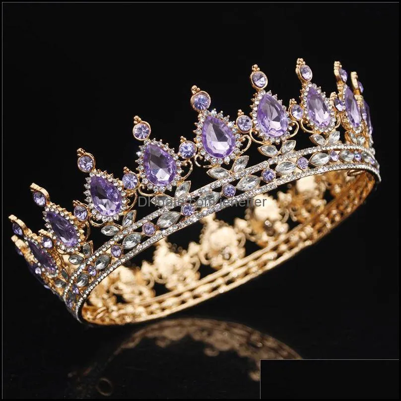 Gold Purple Queen King Bridal Crown For Women Headdress Prom Pageant Wedding Tiaras and Crowns Hair Jewelry Accessories Y1130