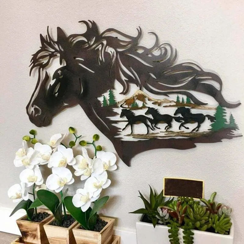 Decorative Objects & Figurines Metal Western Horse Shadow Home Decor Forest Animal Wide Rustic Metal-Wall Art Decoration Gift For Special Oc