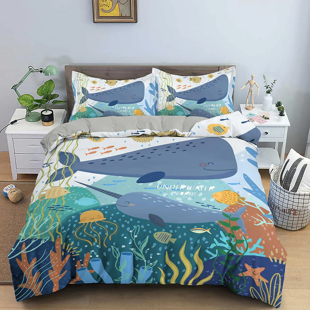 Feelyou Shark Comforter Cover Set Marine Life Ocean Theme Duvet Cover for Kids Boys 3D Shark Print Bedding Set Sea Animal Pattern Bedspread Cover Bedroom Collection 3Pcs Full Size