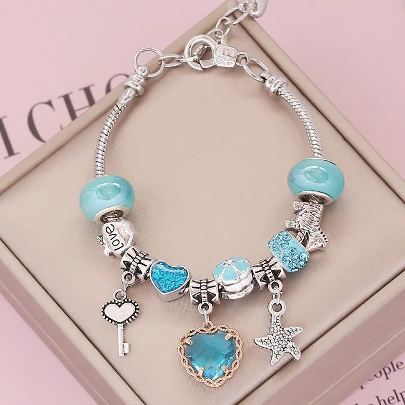 Moda Sterling Silver Charms Murano Lampwork Vidro Europeu Charme Beads Coração Crystal Dangle Encaixe Pandora Charm Braceletes Colar Lobster Clasps 19 + 4cm