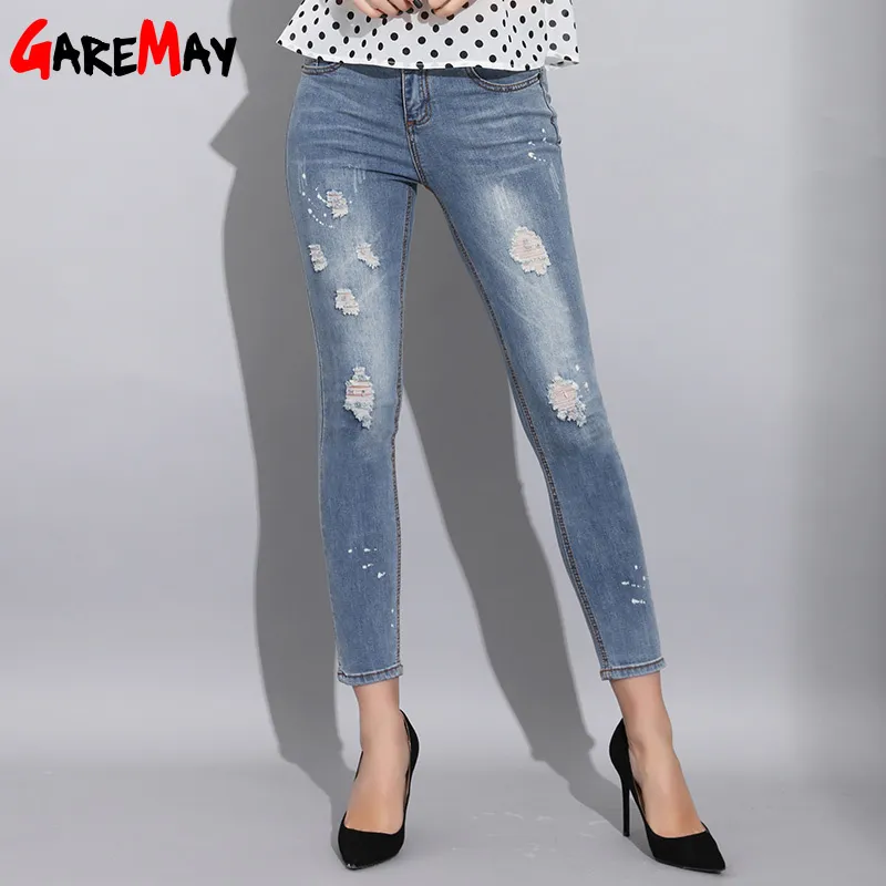 Sommer zerrissene Jeans für Frauen Stretch zerstört dünne Frau knöchellang Vintage Damen Denim weiblich 210428