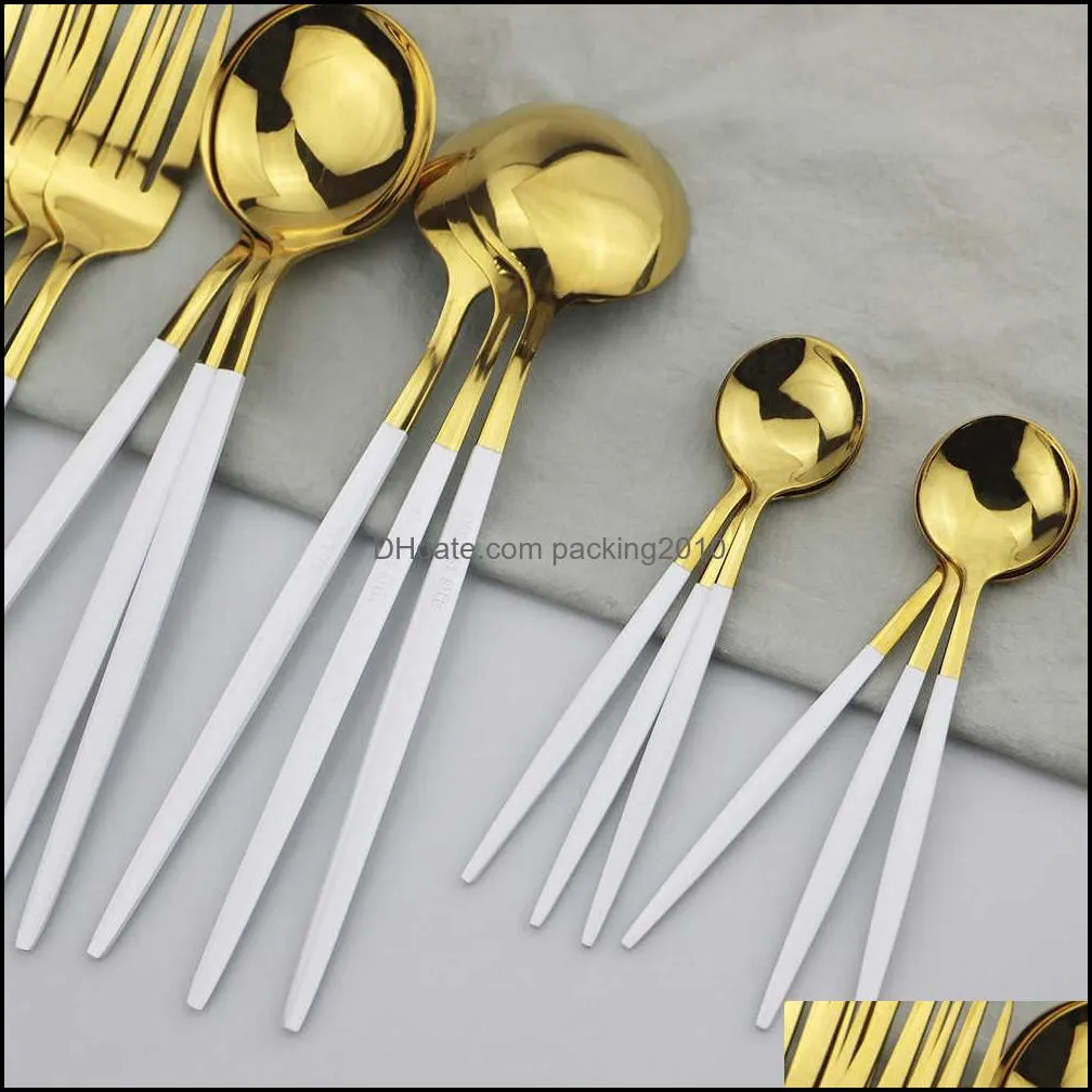 24pcs Gold Dinnerware Set Stainless Steel Cutlery Set Mirror Silverware Knife Fork Spoon Tableware Flatware Set Dishwasher Safe X0703