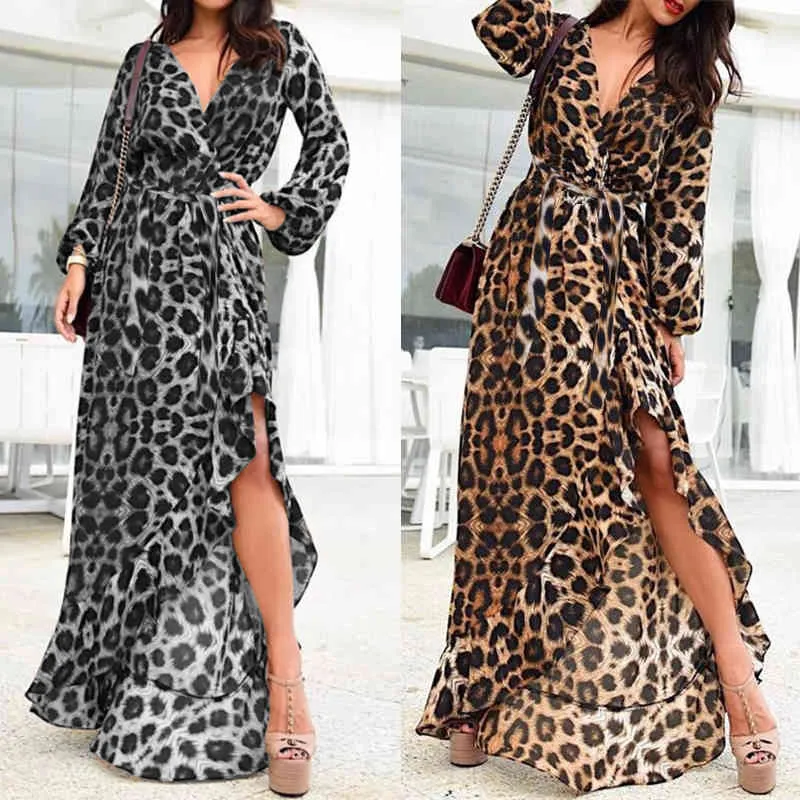 Zanzea Kobiety Sexy Leopard Drukuj Długie Maxi Vestidos Ladies Asymetryczne High Split Ruffles Dresses 2021 Summer Sundress X0521