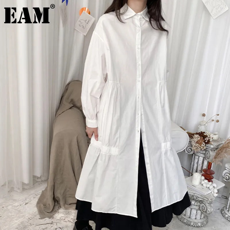 [EAM] Women Black Pleated Long Big Size Shirt Dress Lapel Long Sleeve Loose Fit Fashion Spring Autumn 1DD6133 21512