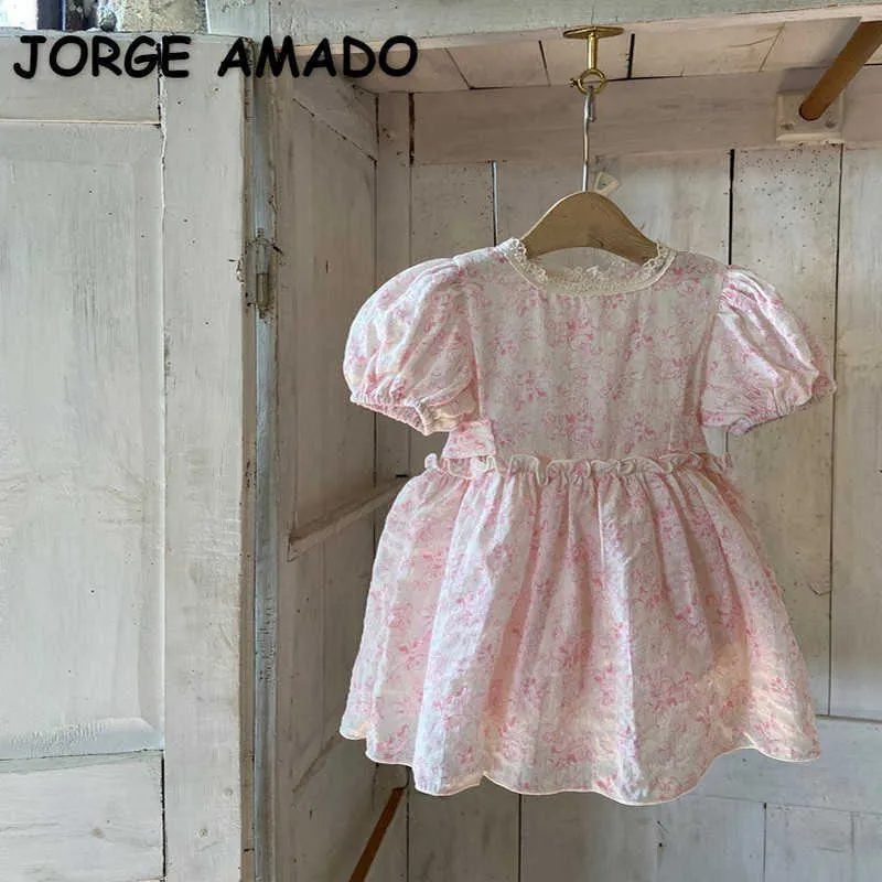 Abiti da ragazza per bambini estivi stile coreano Colletto in pizzo floreale rosa con cinturini Abito da principessa Abbigliamento per bambini E1525 210610