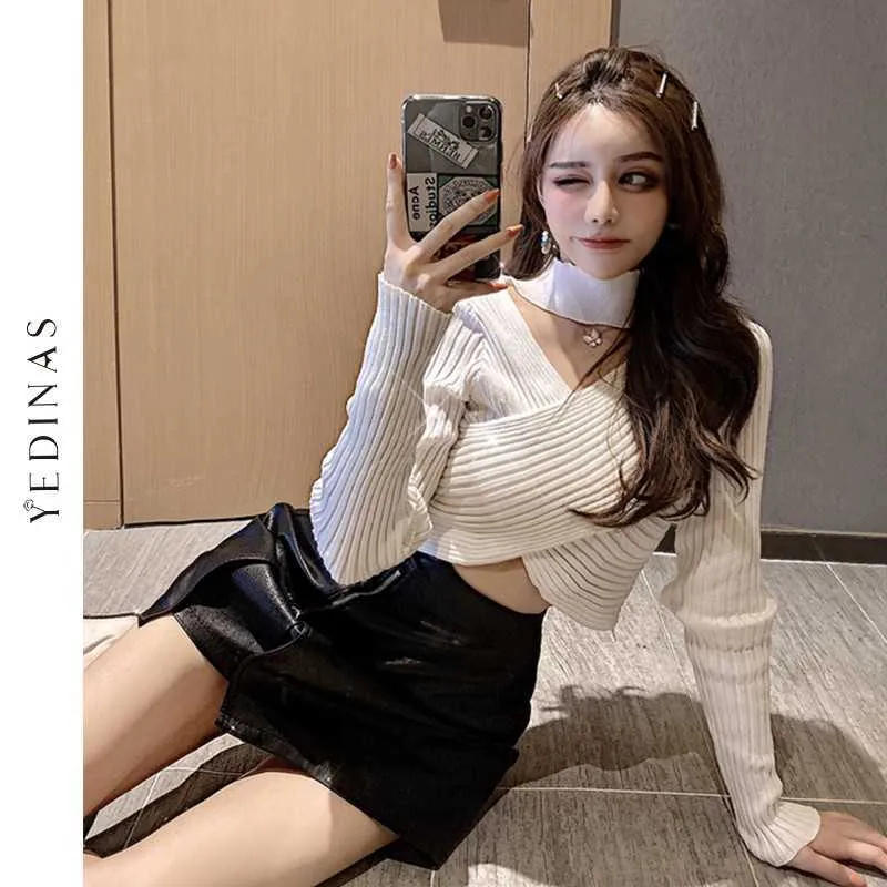 Yedinas Dzianiny Sweter Crop Kobiety Sexy V-Neck Swetry Kobiet Criss-Cross Fahion Jumper Top Casual White Pullover Knitwear 210527