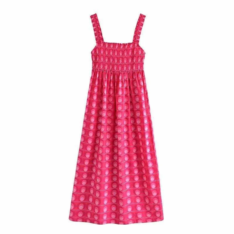 Summer Vintage Printed Dress Women Straps Smocked Side Pockets Midi Dresses Casual Woman Robe femme 210709