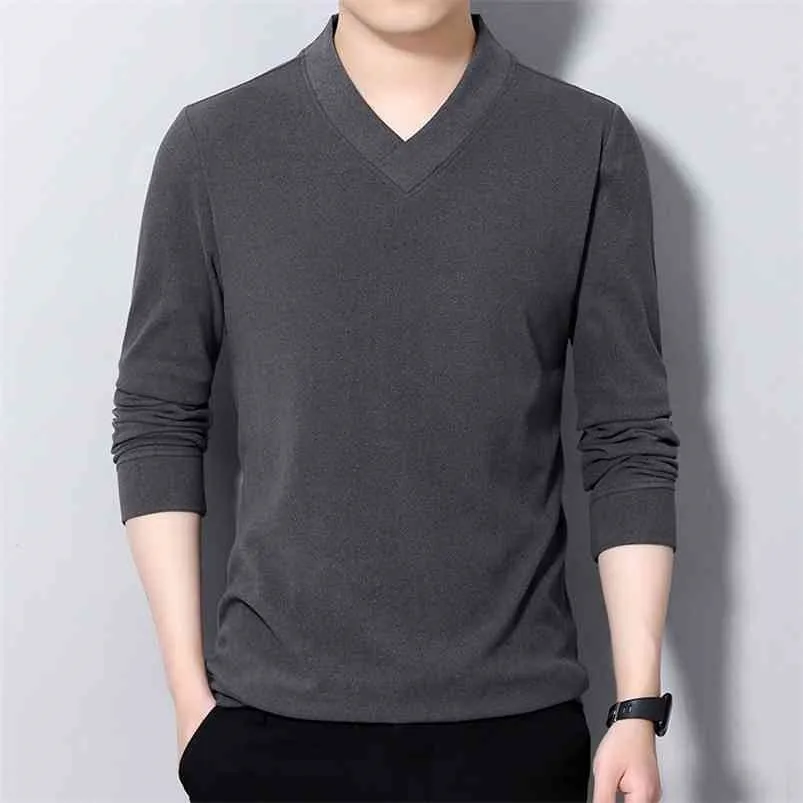 Browon marca outono inverno homens t-shirt ocasional macio espessura de mangas compridas v-pescoço v-tshirt cor sólida Slim Fit roupa 210706