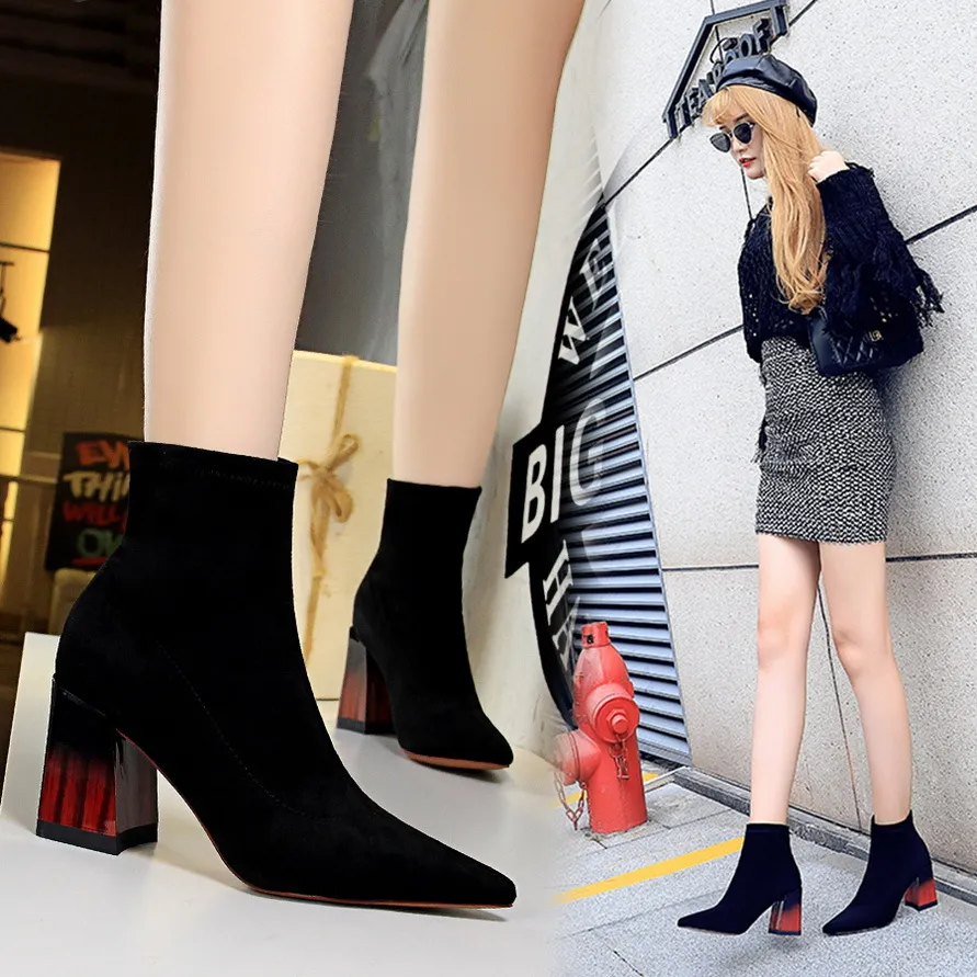 Fashion women boots Lint cotton decorative Pointed Low tube Thick high heel sexy size 34-40