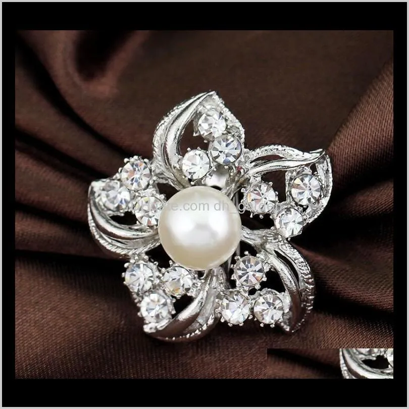 silver tone big pearl flower brooch clear rhinestone crystal flower bridal jewelry small brooches pins prom party gift wedding cosrage