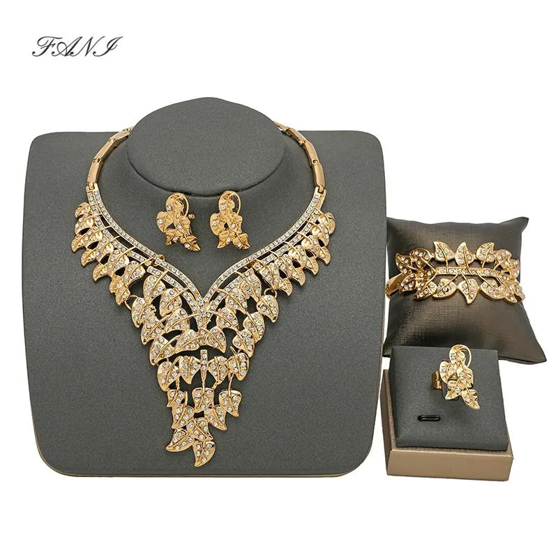 Earrings & Necklace Fani Dubai Gold Design Jewelry Sets Nigerian Wedding Necklace/Earrings/Bracelet African Beads Women Costume Set