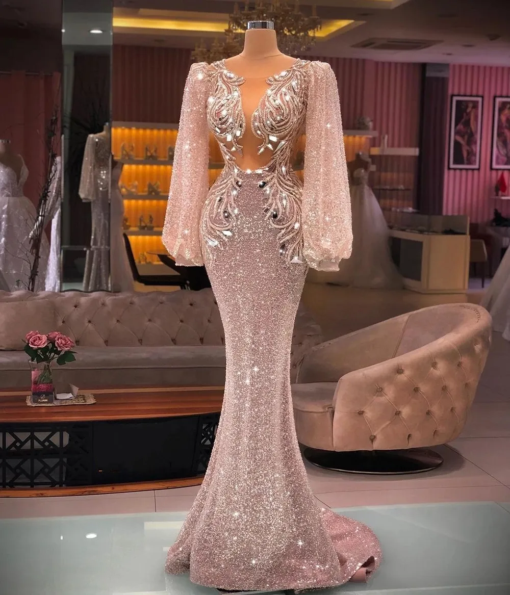 Light Pink Sequin Mermaid Party Wear Prom Dresses With Sheer Neckline And  Long Sleeves Plus Size Formal Arabic Evening Gown For Women From  Sweety_wedding, $181.76
