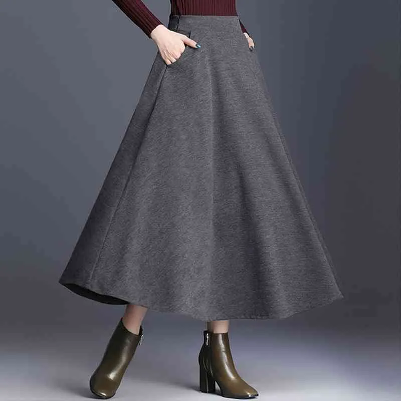 Black Grey Autumn Winter Skirt Women's thick skirt Long High Waist large Casual Loose A Line s 667C 210420