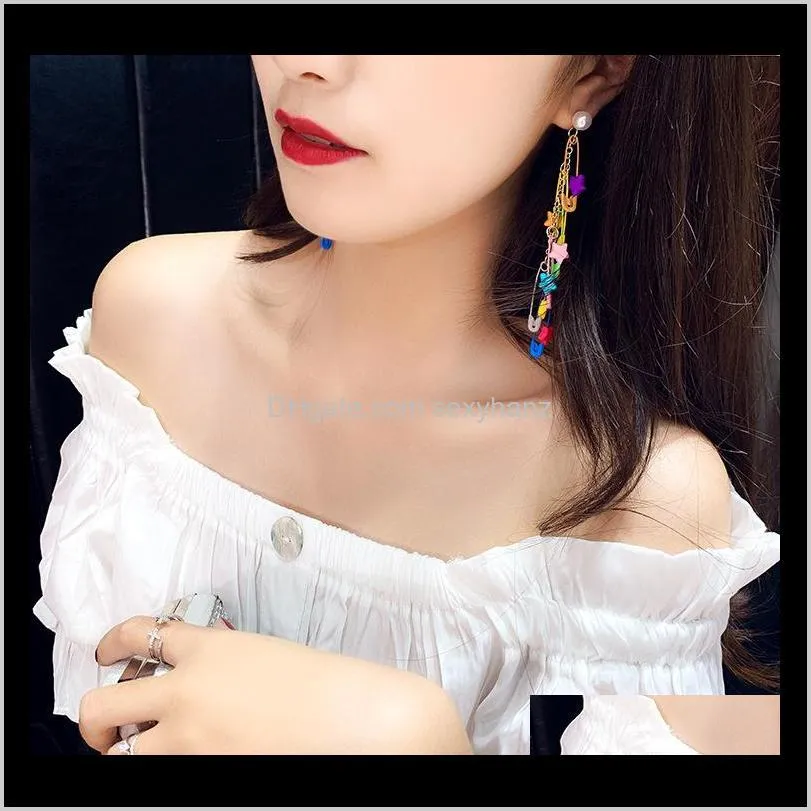 new colorful star tassel earrings paper clip pin spray paint pearl long eardrop designer earring ear studs for women jewelry gifts