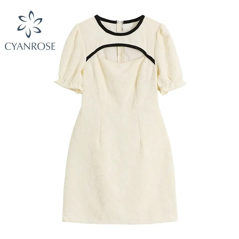 Koreaanse stijl vrouwen zomerjurk vintage chic uitgehold mini vestidos dames streetwear trendy bladerdeeg korte mouw kleding 210515