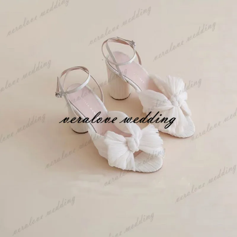 White Summer Beach Wedding Shoes Chunky High Heels Women