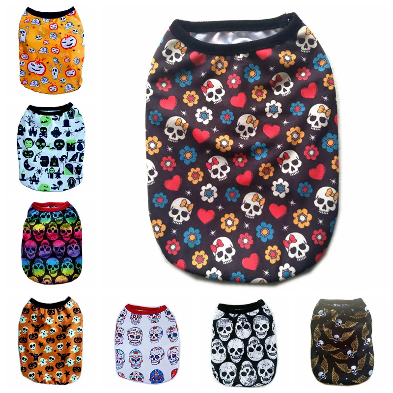 Abbigliamento per cani Morbidi vestiti per cuccioli di cagnolino Fantasmi di zucca Pipistrelli Scheletro Camicia per cani di piccola taglia e gatti Abbigliamento per animali stampato T-shirt per animali domestici di Halloween Camicie per cuccioli traspiranti A116