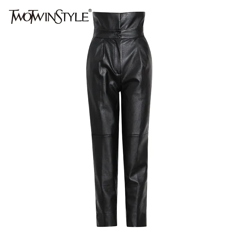 TWOTWINSTYLE taille haute en cuir PU pantalon pour femmes noir solide minimaliste Harem pantalon femme mode vêtements automne 210517