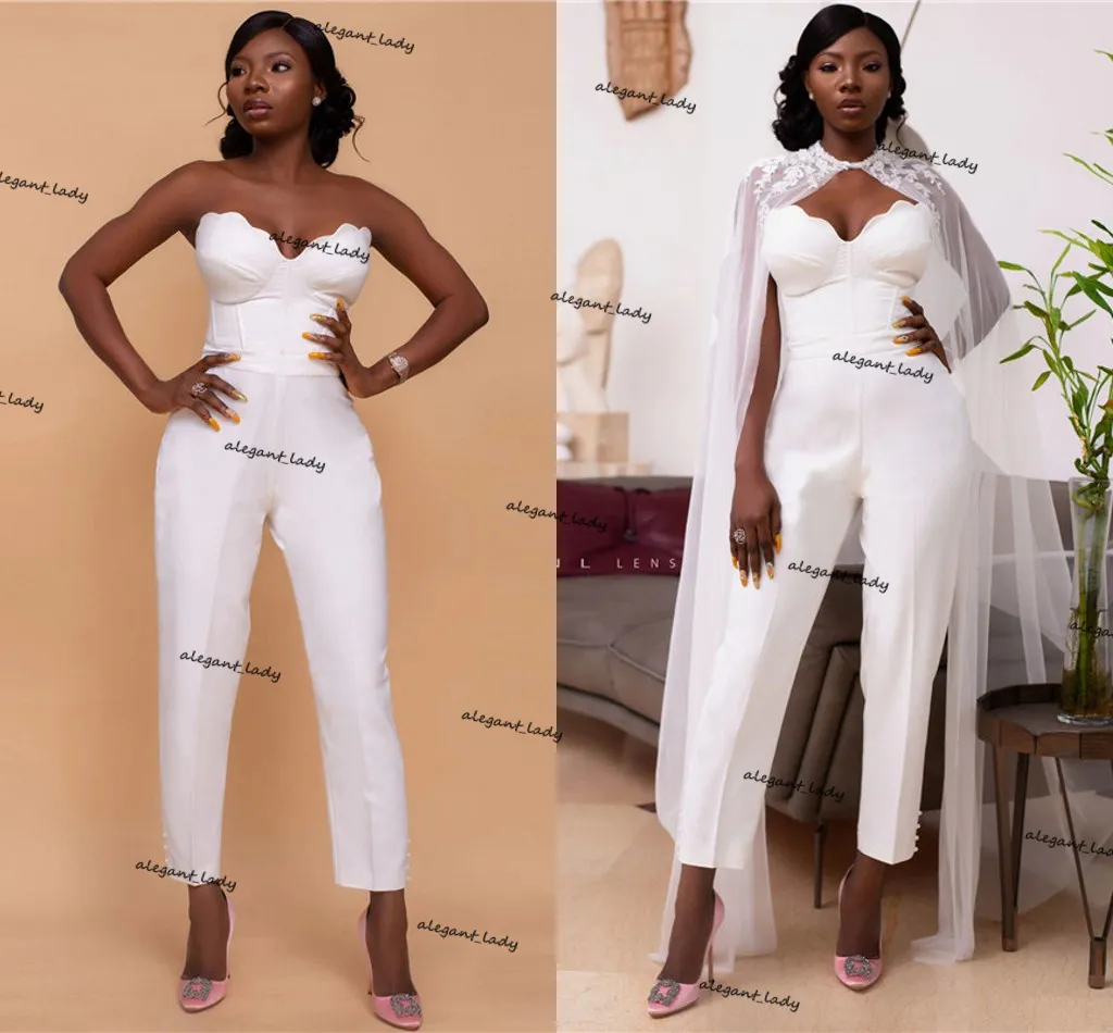 Afrikanska bröllopsklänningar 2021 Bridal Jumpsuits med Cape Sweetheart Bride Reception Jumpsuit Women Pant Suits Vestido de Noiva