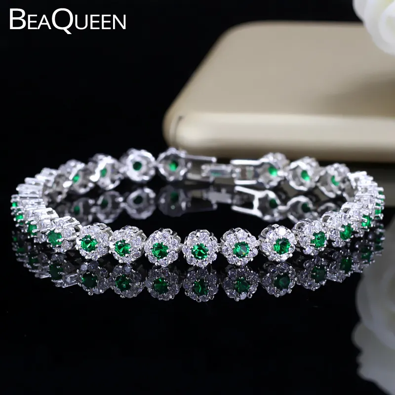 Trendy Green and White Cubic Zirconia Stone Setting Ladies Tennis Bracelets Silver 925 Jewelry for Women B100