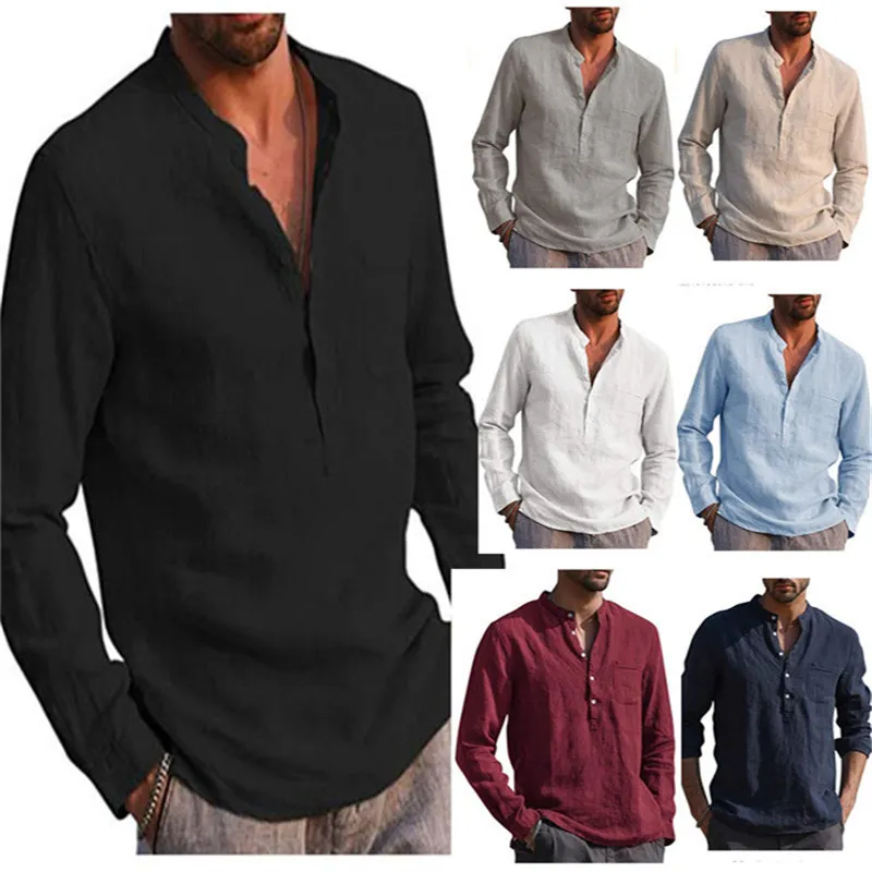 Mens T Shirts Men Spring Autumn Top Casual Male Clothing Solid Color V Neck Long Sleeve Button Pocket